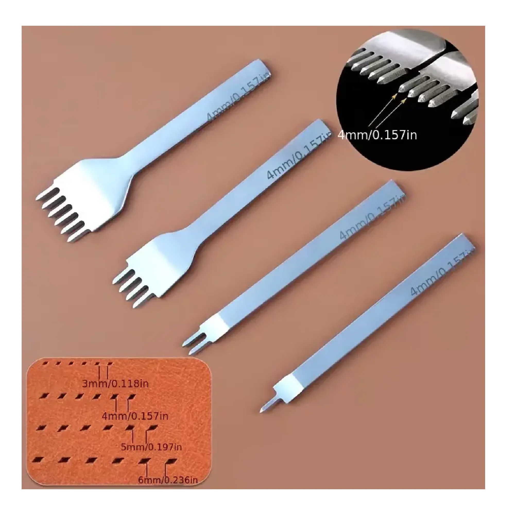 4pcs Reinforced Quality Stainless Steel 1/2/4/6 Hole Fork Platoon Punch DIY Diamond Lace Stitching Chisel Set Leather Craft Set Hand Piercing Round Stitching Punching Tool Shoes Leather Platoon Punching Tool