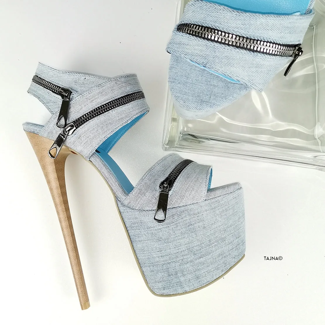 Jean Zipper Detail Heel Sandals