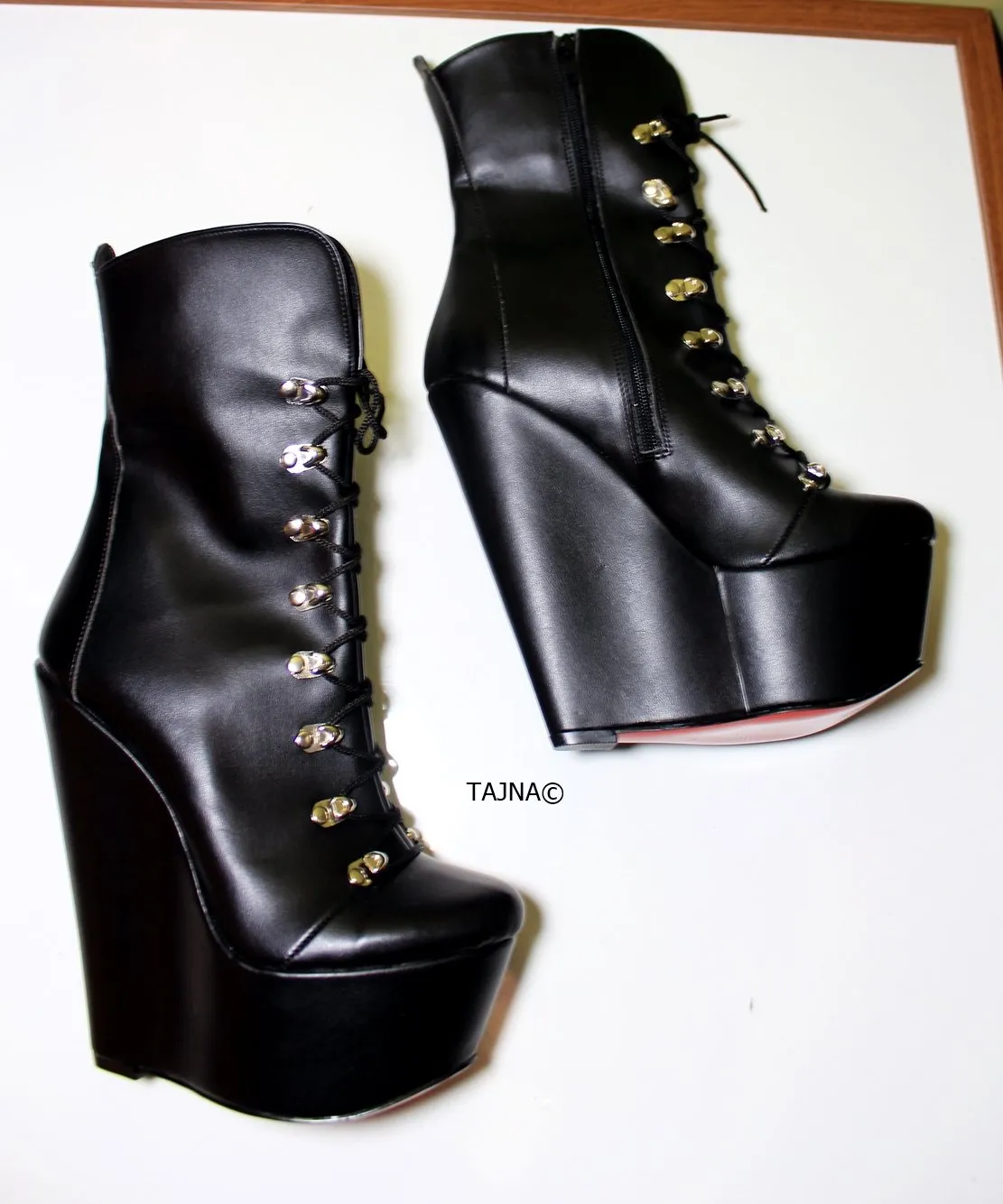 Lace Up Black Military Style Wedge Boots