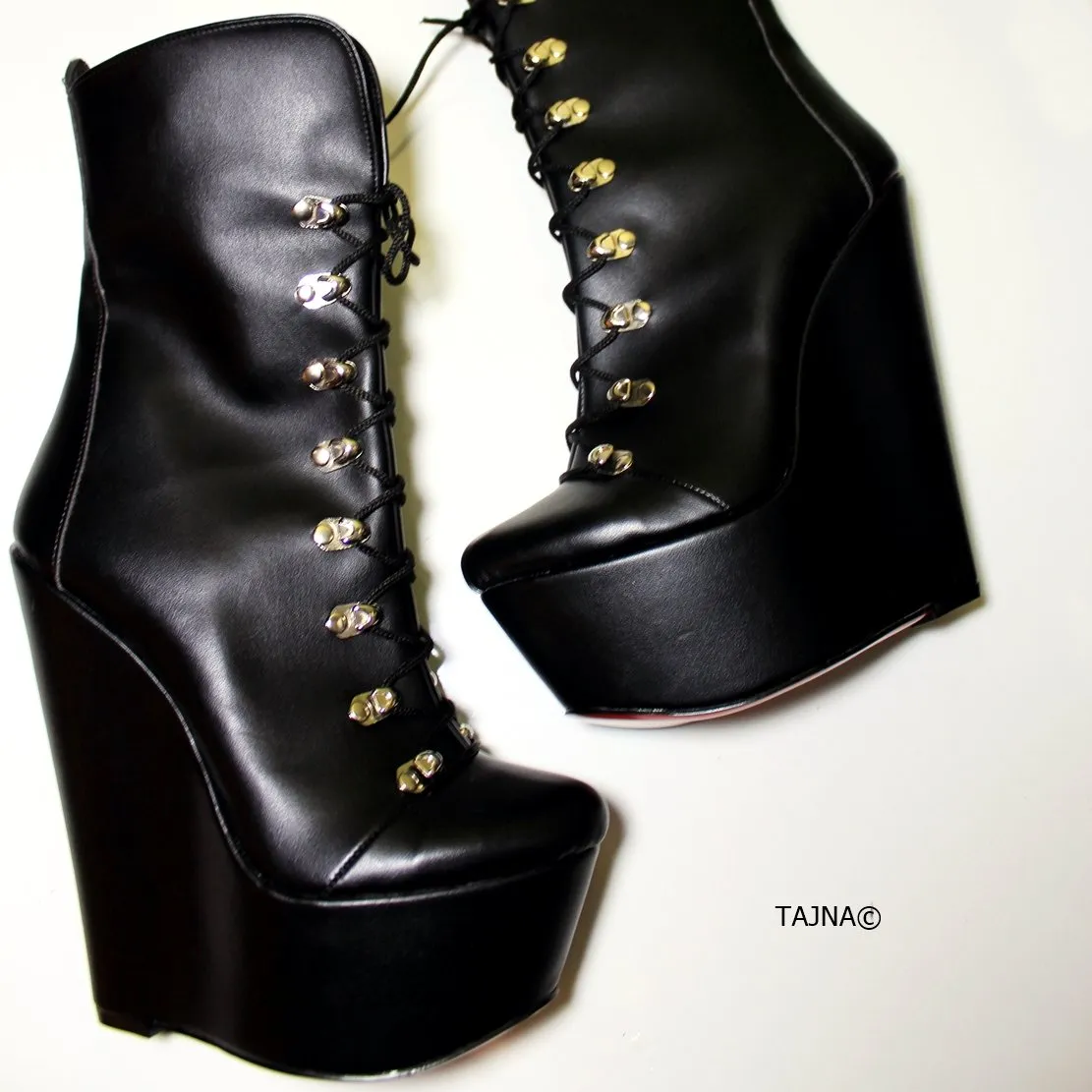 Lace Up Black Military Style Wedge Boots
