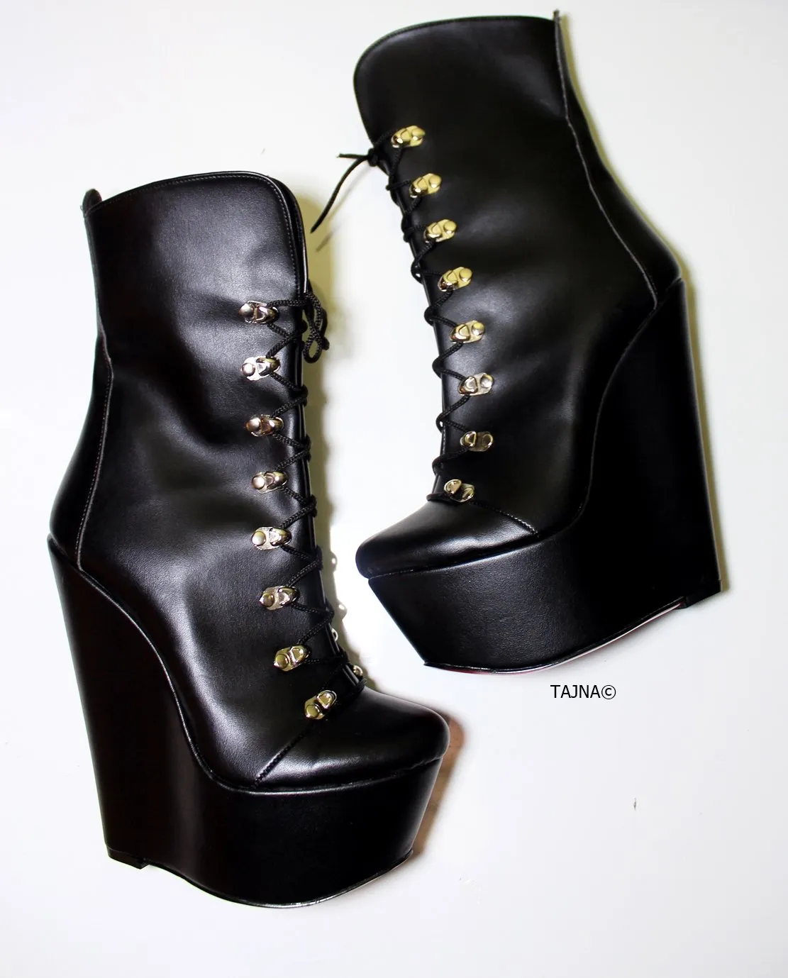 Lace Up Black Military Style Wedge Boots