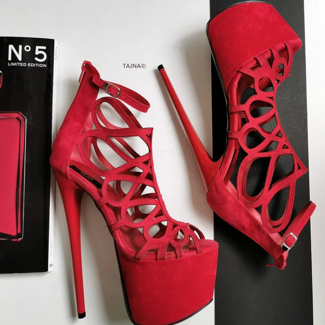 Red Suede Laser Platform High Heels