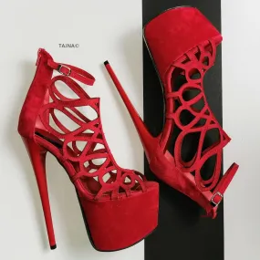 Red Suede Laser Platform High Heels