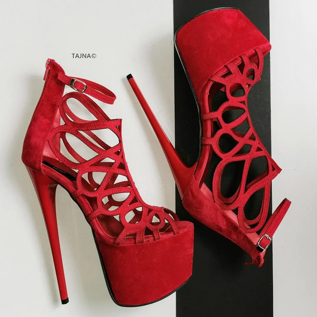 Red Suede Laser Platform High Heels