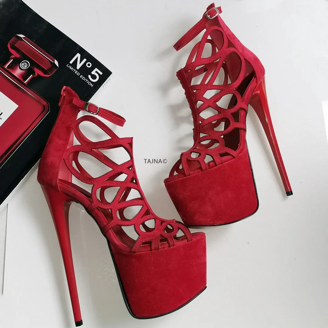 Red Suede Laser Platform High Heels