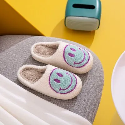Smiley Face Slippers in White/Sky Blue