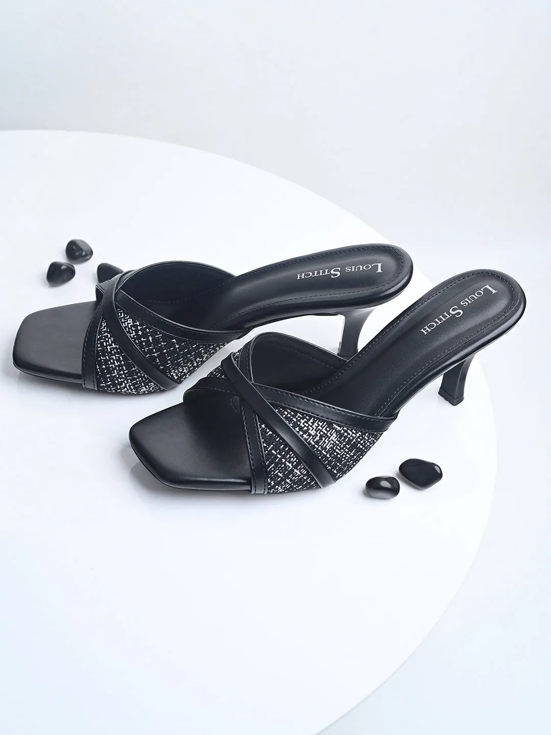 Women's Black Slip-On Stiletto Heel Lightweight Sandals